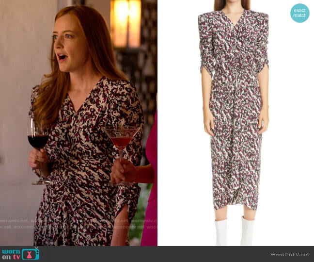 Isabel Marant Print Ruched Ruffle Stretch Silk Midi Dress worn by Natalie Bailey (Stephanie Allynne) on The L Word Generation Q