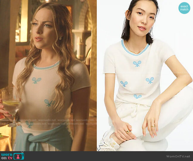 Short-Sleeve Cashmere T-shirt with Tennis Embroidery by J. Crew worn by Fallon Carrington (Elizabeth Gillies) on Dynasty