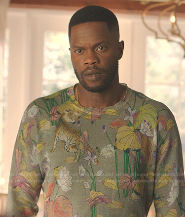 Jeff's green tiger and flower print sweater on Dynasty