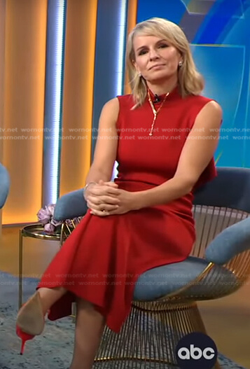Jennifer’s red mock neck sleeveless dress on Good Morning America