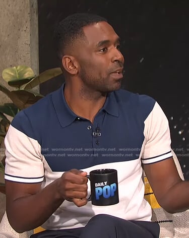 Justin’s navy colorblock polo shirt on E! News Daily Pop