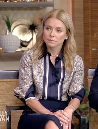 Kelly’s navy printed blouse and pencil skirt on Live with Kelly and Ryan