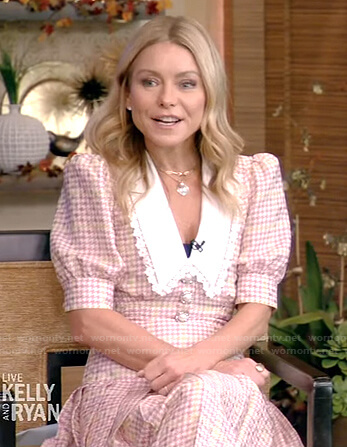 Kelly's pink houndstooth midi dress on Live with Kelly and Ryan