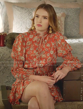 Kirby's red floral tie neck mini dress on Dynasty