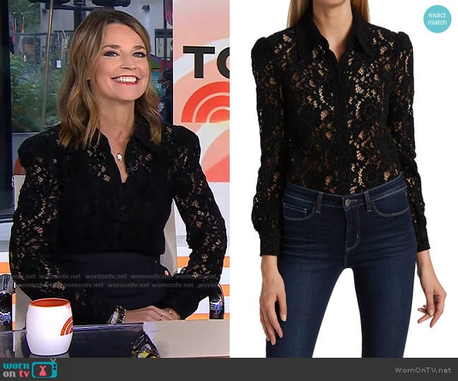 WornOnTV: Savannah’s black floral lace blouse on Today | Savannah ...