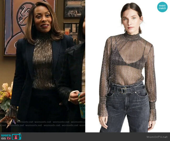 L'Agence Paola Blouse in Gold Metallic worn by Mia Jordan (Karen Pittman)  as seen in The Morning Show TV series (Season 2 Episode 2)