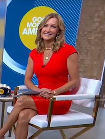 Lara’s red v-neck cap sleeve dress on Good Morning America