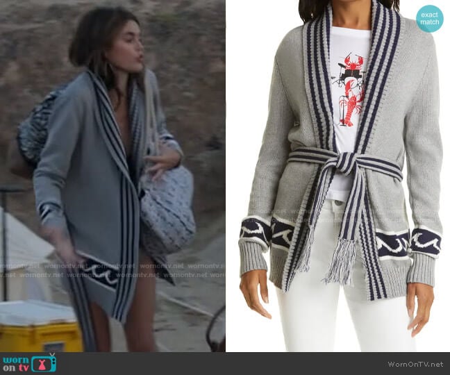 Le Superbe White Caps Cardigan  worn by Kendall (Kaia Gerber) on American Horror Story