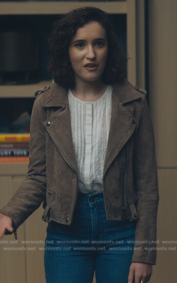 Gail’s brown suede moto jacket on Billions