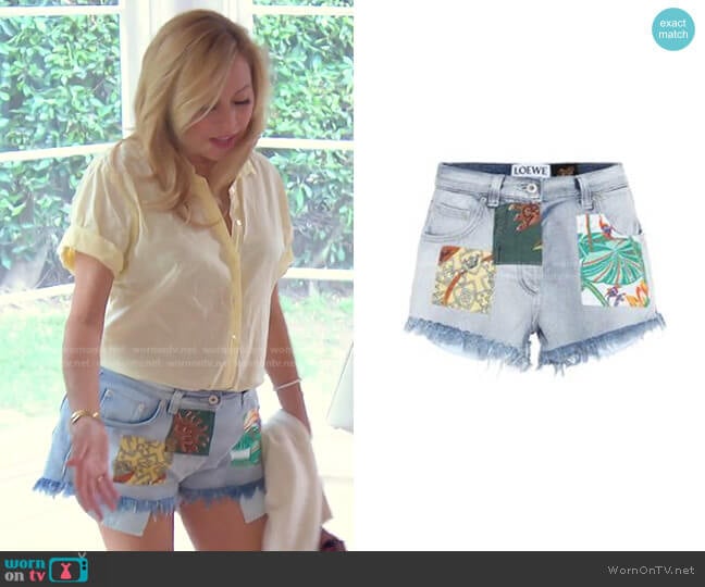 Paula's Ibiza High-Rise Denim Shorts by Loewe worn by Sutton Stracke on The Real Housewives of Beverly Hills