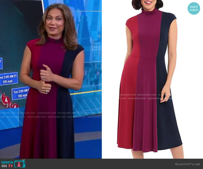 Color Block Jersey Mock Neck Midi Dress by Maggy London worn by Ginger Zee on Good Morning America