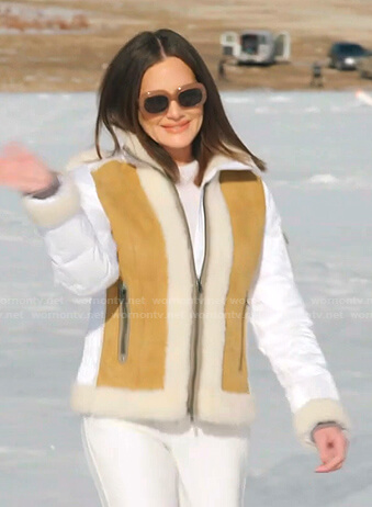 Meredith's white and beige suede panel jacket on The Real Housewives of Salt Lake City