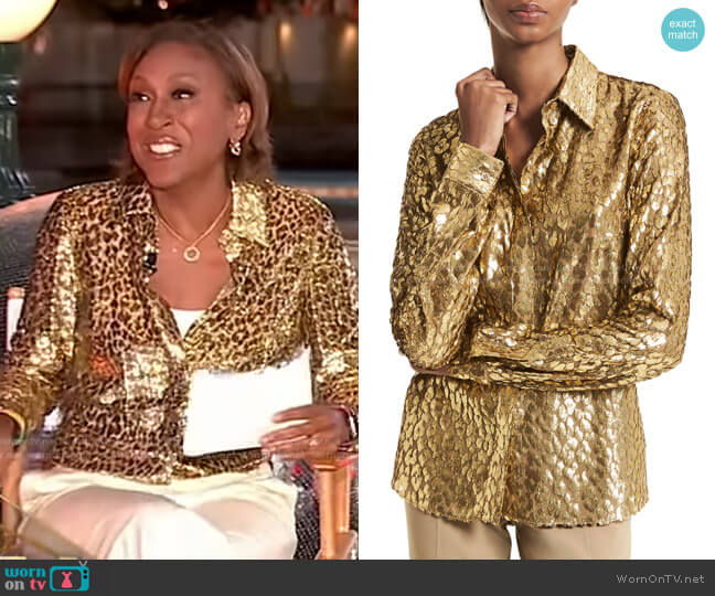 Hansen Metallic Leopard-Jacquard Shirt by Michael Kors worn by Robin Roberts on Good Morning America