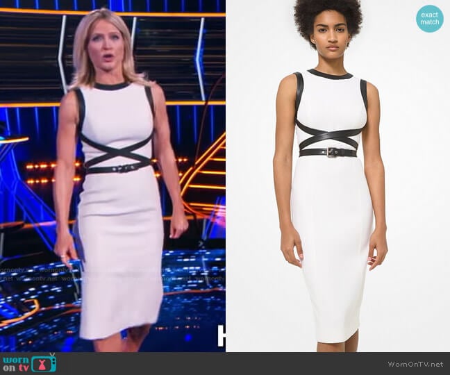 Leather Trim Stretch Bouclé Crepe Sheath Dress by Michael Kors worn by Sara Haines on The Chase