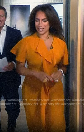 Michelle Miller's orange ruffled midi dress on CBS Saturday Morning