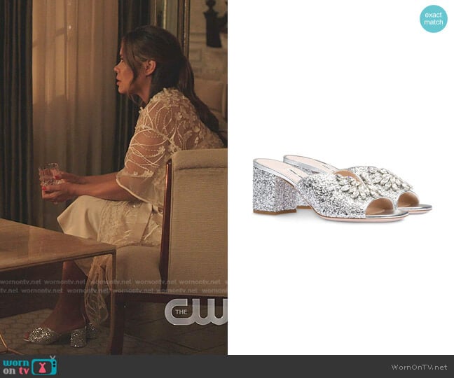 Crystal-Embellished Mule Sandals by Miu Miu  worn by Cristal Jennings (Daniella Alonso) on Dynasty