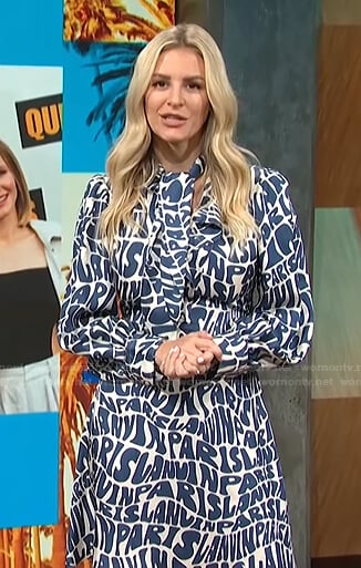 Morgan’s blue and white logo print dress on E! News Daily Pop