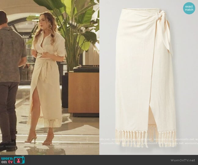 + NET SUSTAIN Randi fringed organic cotton wrap skirt by Nanushka worn by Fallon Carrington (Elizabeth Gillies) on Dynasty