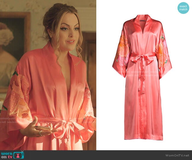 Peony Blossoms Embroidered Robe by Natori worn by Fallon Carrington (Elizabeth Gillies) on Dynasty