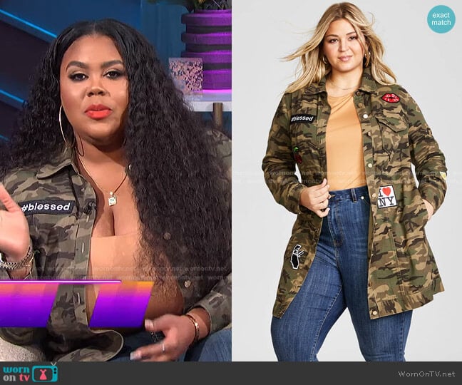 Trendy Plus Size Patched Camo-Print Jacket by Nina Parker worn by Nina Parker on E! News