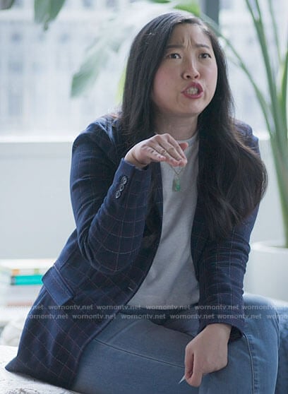 Nora’s navy checked blazer on Awkwafina is Nora From Queens