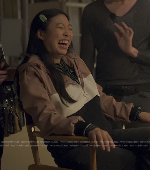 Nora's pink colorblock zip hoodie on Awkwafina is Nora From Queens