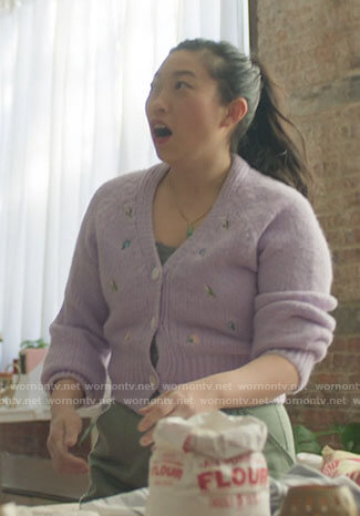 Nora's purple embroidered cardigan on Awkwafina is Nora From Queens