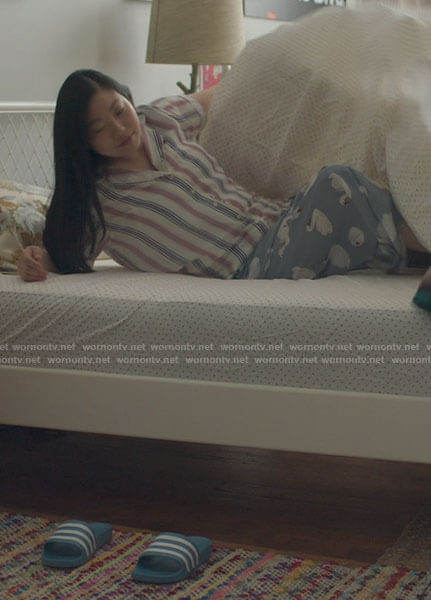 Nora's swan print pajama pants and blue Adidas slides on Awkwafina is Nora From Queens