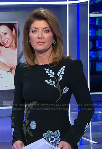 Norah's black floral embroidered dress on CBS Evening News