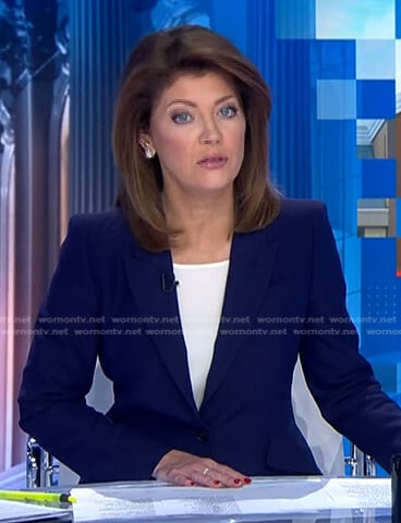 Nora’s navy single breasted blazer on CBS Evening News