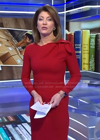Norah's red gathered shoulder dress on CBS Evening News
