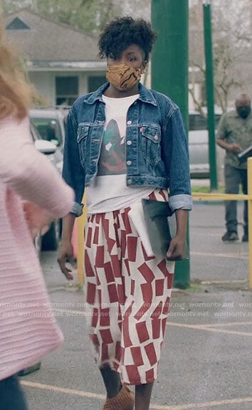 Nova's rectangle print culottes and cropped denim jackets on Queen Sugar