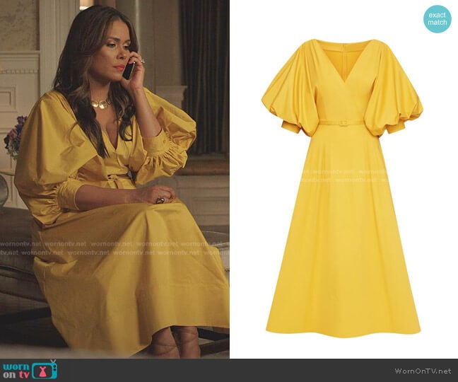 Puff-Sleeve Belted Midi Dress by Oscar de la Renta worn by Cristal Jennings (Daniella Alonso) on Dynasty