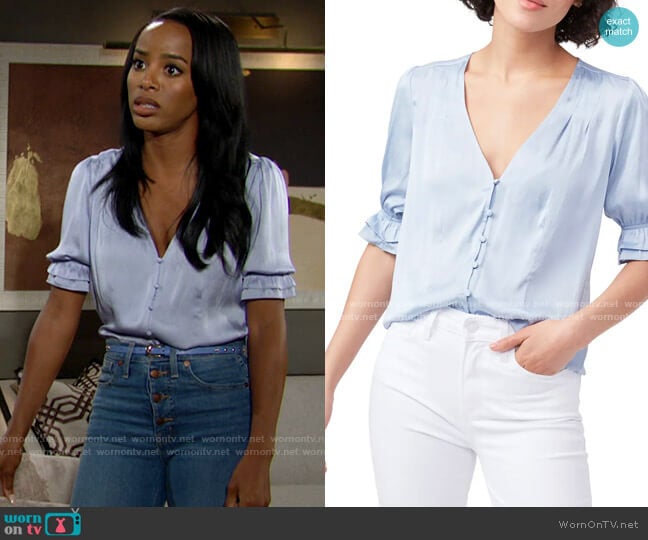 Paige Carinne Top in Georgia Blue worn by Imani Benedict (Leigh-Ann Rose) on The Young and the Restless