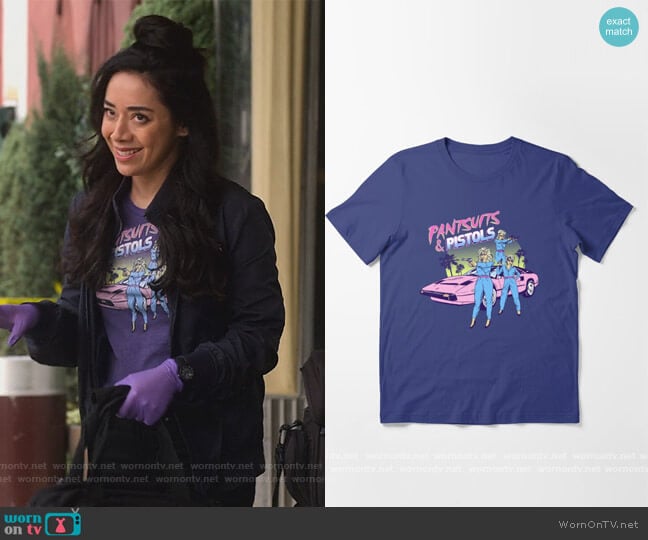 Pantsuits and Pistols Essential T-Shirt by Hillary White at Red Bubble worn by Ella Lopez (Aimee Garcia) on Lucifer