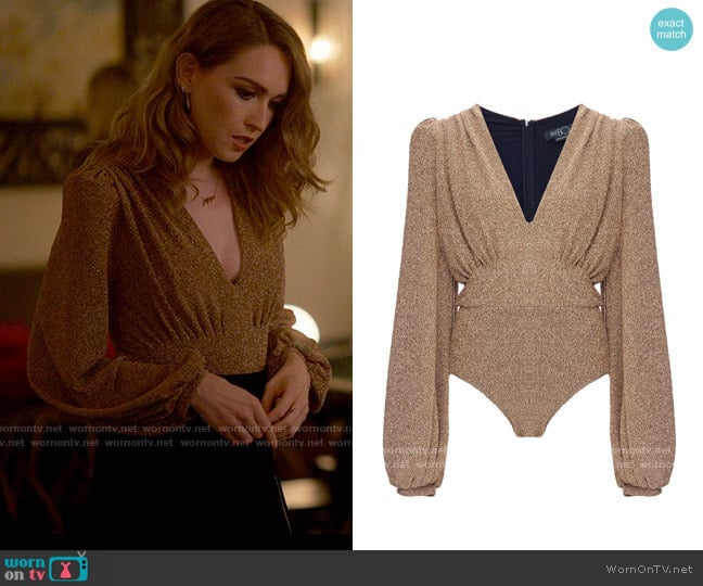 PatBo Lurex Plunge Bodysuit In Gold worn by Tess Van De Berg (Jamie Clayton) on The L Word Generation Q