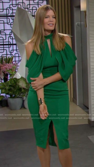 Phyllis’s green draped cold shoulder dress on The Young and the Restless