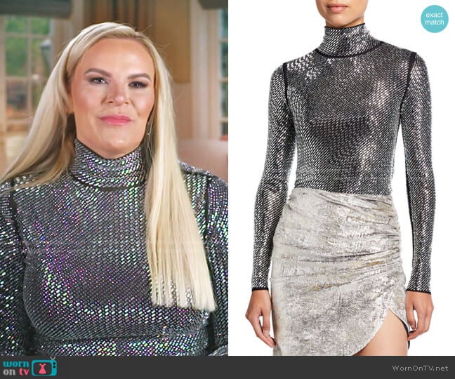 Libeccio Rhinestone Embellished Turtleneck Top by Pinko worn by Heather Gay on The Real Housewives of Salt Lake City