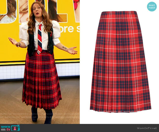 Red Check Pleated Skirt by Prada worn by Drew Barrymore on The Drew Barrymore Show