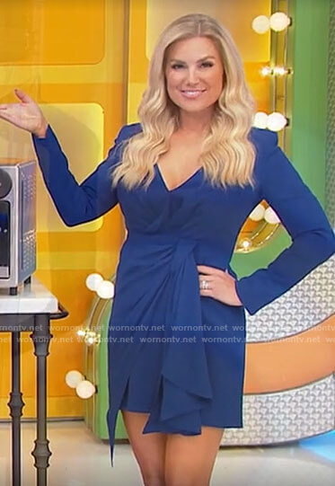 Rachel’s blue v-neck draped front dress on The Price is Right