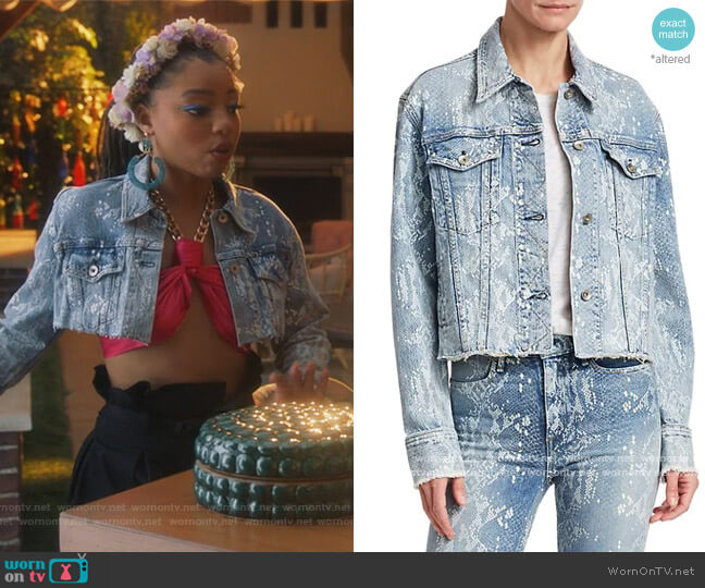 Cut Off Python Denim Jacket by Rag & Bone worn by Jazlyn Forster (Chloe Bailey) on Grown-ish