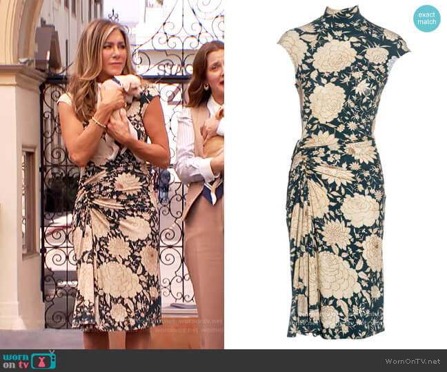 Teal Floral Ruched Dress by Roberto Cavalli worn by Jennifer Aniston on The Drew Barrymore Show