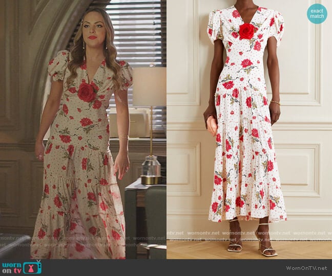 Embellished printed silk-crepe maxi dress by Rodarte worn by Fallon Carrington (Elizabeth Gillies) on Dynasty