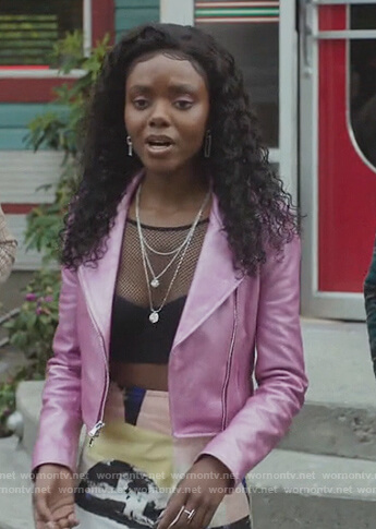 Josie's pink metallic moto jacket and printed mini skirt on Riverdale