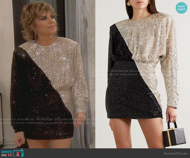 Billie Two-Tone Sequined Mini Dress by Rotate Birger Christensen worn by Lisa Rinna on The Real Housewives of Beverly Hills