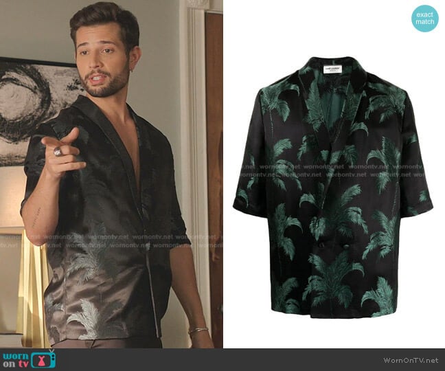 Shawl-Lapel Silk-Jacquard Shirt by Saint Laurent worn by Sam Flores (Rafael de la Fuente) on Dynasty