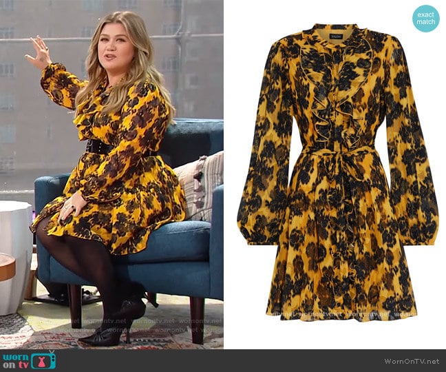 Tilly ruffled printed burnout crepe de chine mini dress by Saloni worn by Kelly Clarkson on The Kelly Clarkson Show