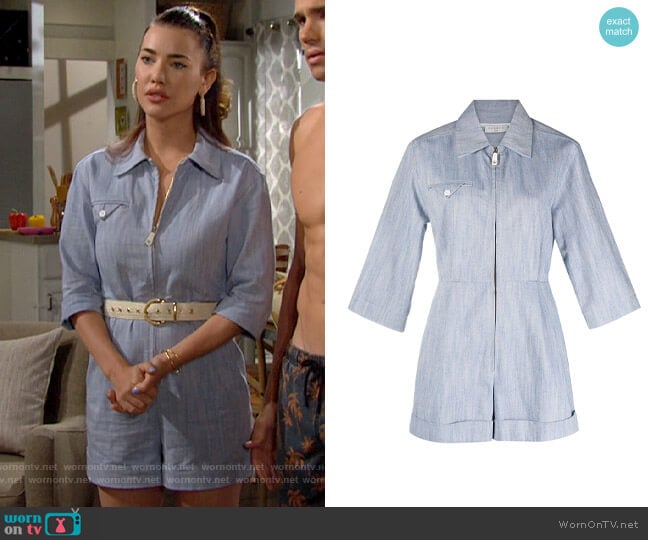 Sandro Zipped Shirt Playsuit worn by Steffy Forrester (Jacqueline MacInnes Wood) on The Bold and the Beautiful