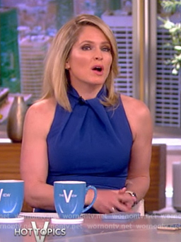 Sara's blue twist neck jumpsuit on The View