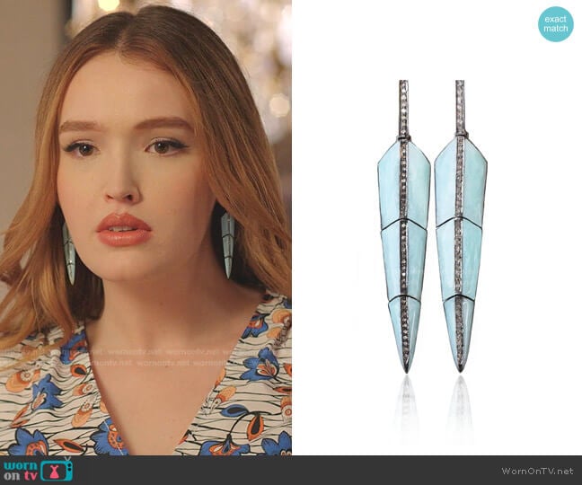 Pearl Turquoise Enamel Feather Earrings by S. Carter Designs worn by Kirby Anders (Maddison Brown) on Dynasty